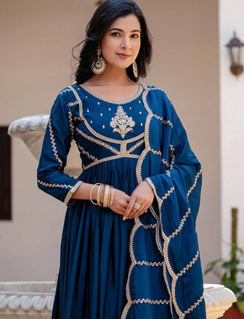 Teal striped embroidered chinon stitched anarkali kurta set with trouser & dupatta