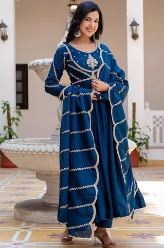 Teal striped embroidered chinon stitched anarkali kurta set with trouser & dupatta
