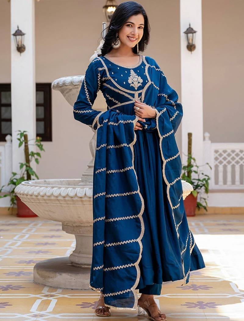 Teal striped embroidered chinon stitched anarkali kurta set with trouser & dupatta