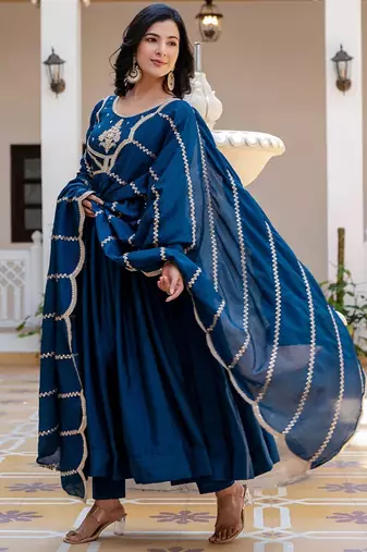 Teal striped embroidered chinon stitched anarkali kurta set with trouser & dupatta