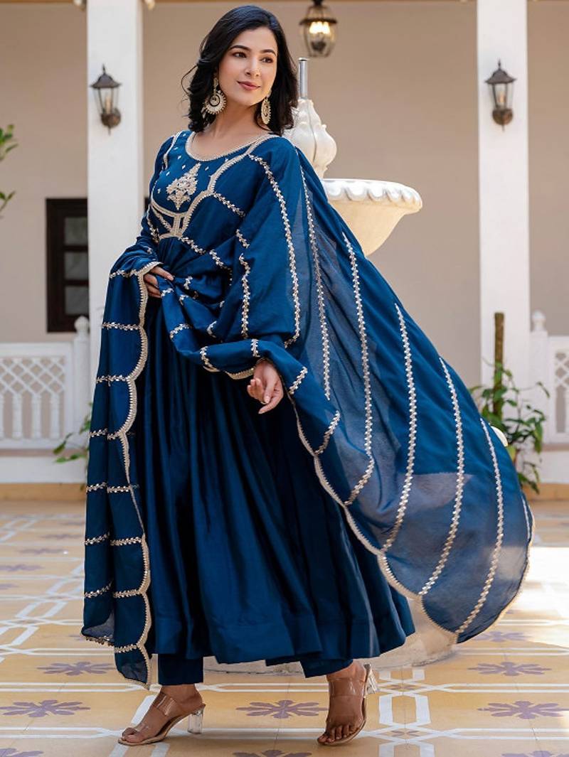 Teal striped embroidered chinon stitched anarkali kurta set with trouser & dupatta