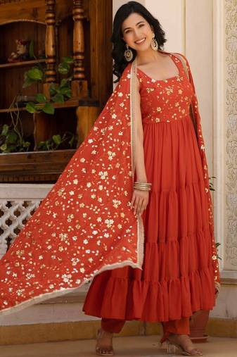 Rust floral embroidered work georgette stitched anarkali kurta set with trouser & dupatta