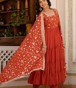 Rust floral embroidered work georgette stitched anarkali kurta set with trouser & dupatta