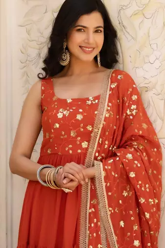 Rust floral embroidered work georgette stitched anarkali kurta set with trouser & dupatta