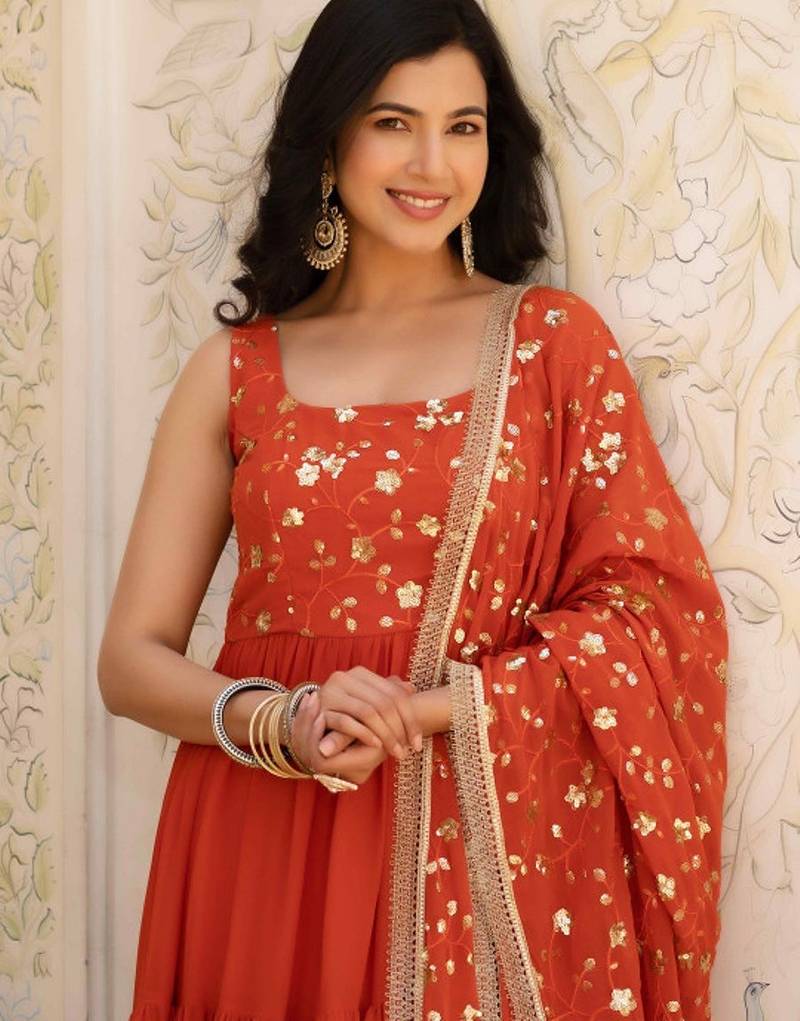 Rust floral embroidered work georgette stitched anarkali kurta set with trouser & dupatta