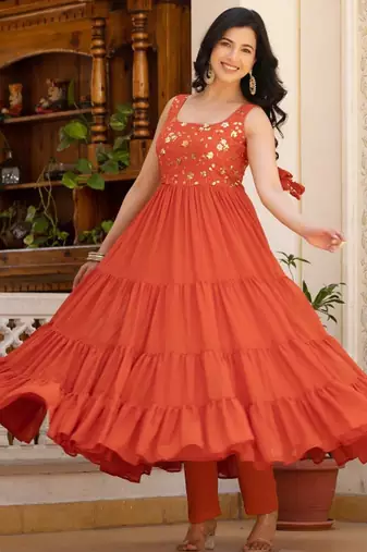 Rust floral embroidered work georgette stitched anarkali kurta set with trouser & dupatta