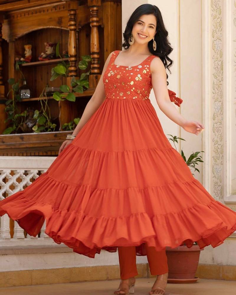 Rust floral embroidered work georgette stitched anarkali kurta set with trouser & dupatta
