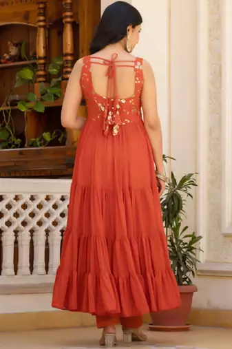 Rust floral embroidered work georgette stitched anarkali kurta set with trouser & dupatta