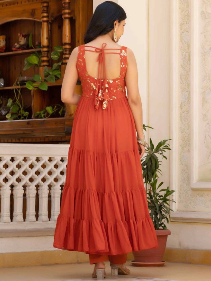 Rust floral embroidered work georgette stitched anarkali kurta set with trouser & dupatta