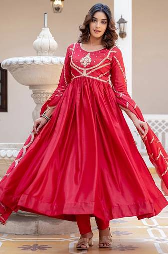 Red striped embroidered chinon stitched anarkali kurta set with trouser & dupatta