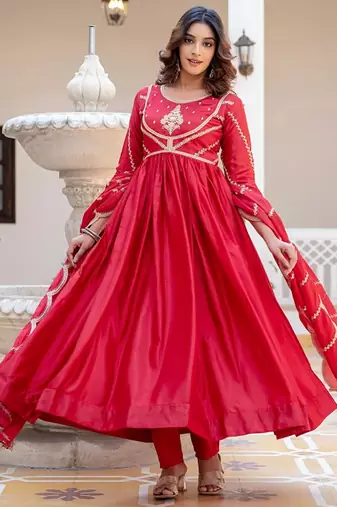 Red striped embroidered chinon stitched anarkali kurta set with trouser & dupatta