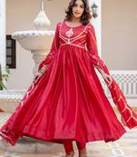 Red striped embroidered chinon stitched anarkali kurta set with trouser & dupatta