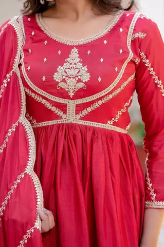 Red striped embroidered chinon stitched anarkali kurta set with trouser & dupatta