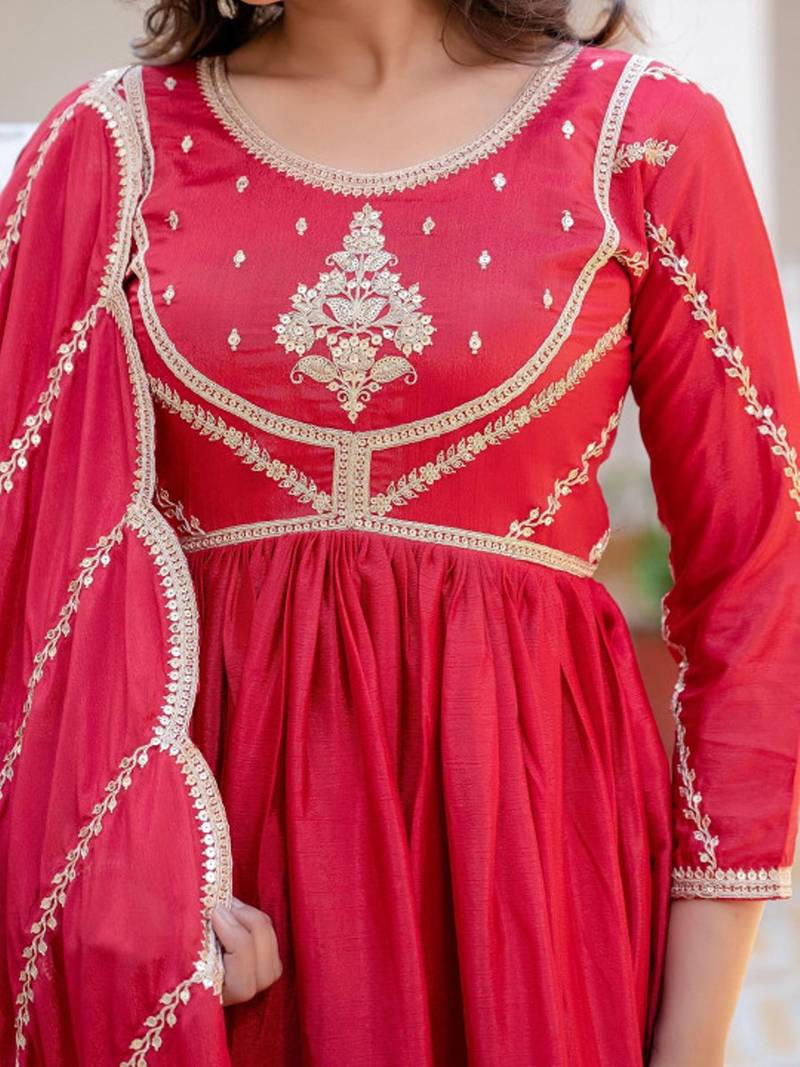 Red striped embroidered chinon stitched anarkali kurta set with trouser & dupatta