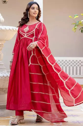 Red striped embroidered chinon stitched anarkali kurta set with trouser & dupatta