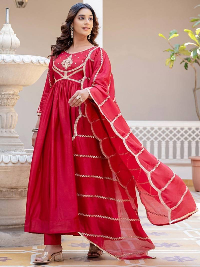 Red striped embroidered chinon stitched anarkali kurta set with trouser & dupatta