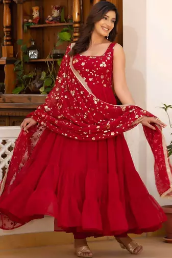 Red floral embroidered work georgette stitched anarkali kurta set with trouser & dupatta