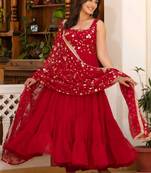 Red floral embroidered work georgette stitched anarkali kurta set with trouser & dupatta