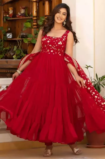 Red floral embroidered work georgette stitched anarkali kurta set with trouser & dupatta