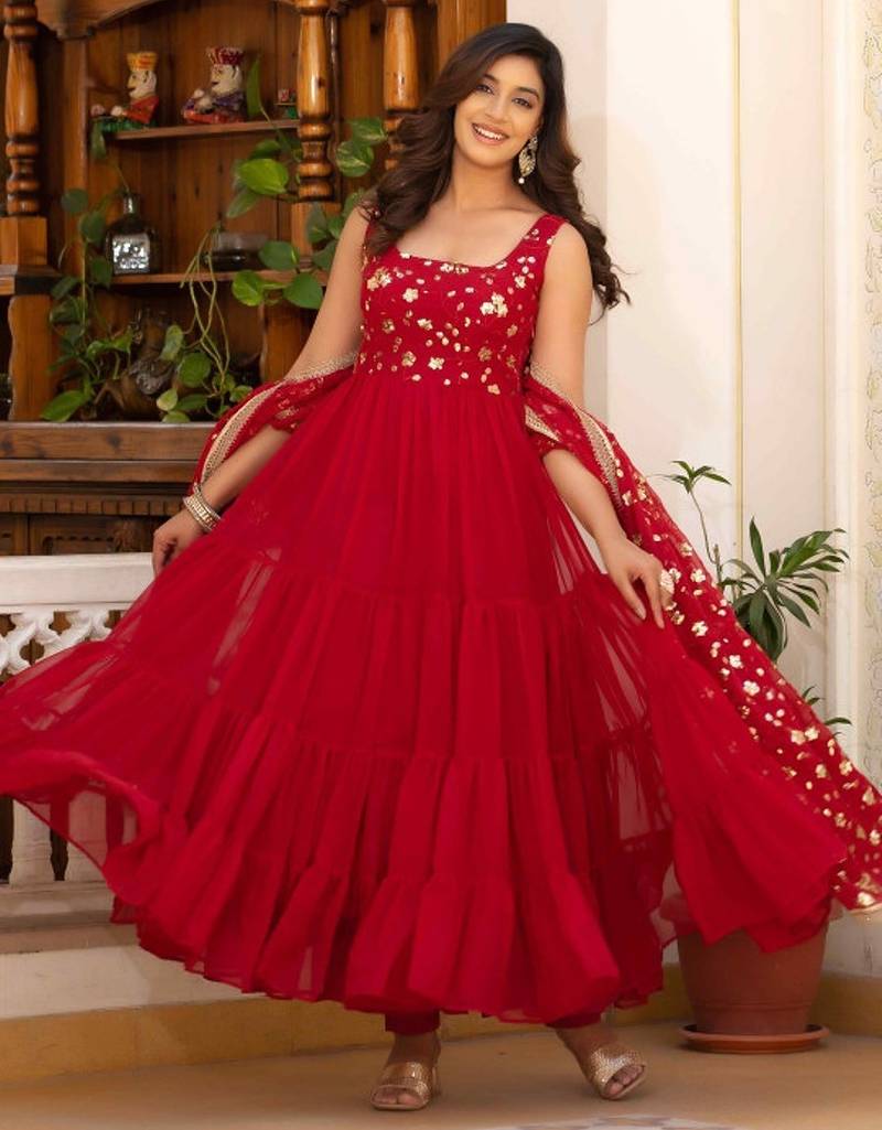 Red floral embroidered work georgette stitched anarkali kurta set with trouser & dupatta