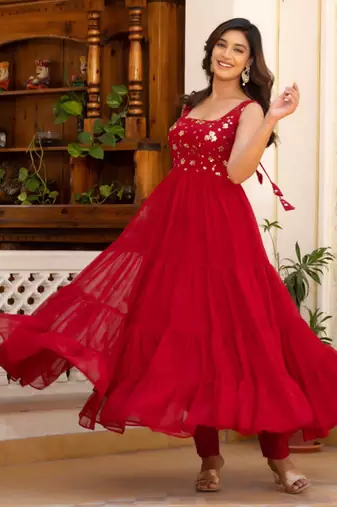 Red floral embroidered work georgette stitched anarkali kurta set with trouser & dupatta