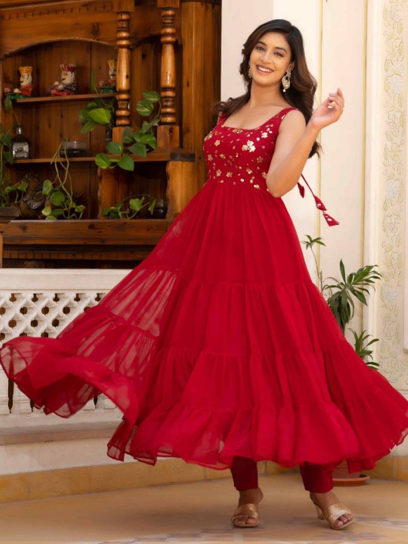 Red floral embroidered work georgette stitched anarkali kurta set with trouser & dupatta