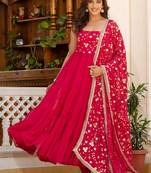 Red floral embroidered work georgette stitched anarkali kurta set with trouser & dupatta
