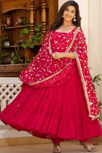 Red floral embroidered work georgette stitched anarkali kurta set with trouser & dupatta