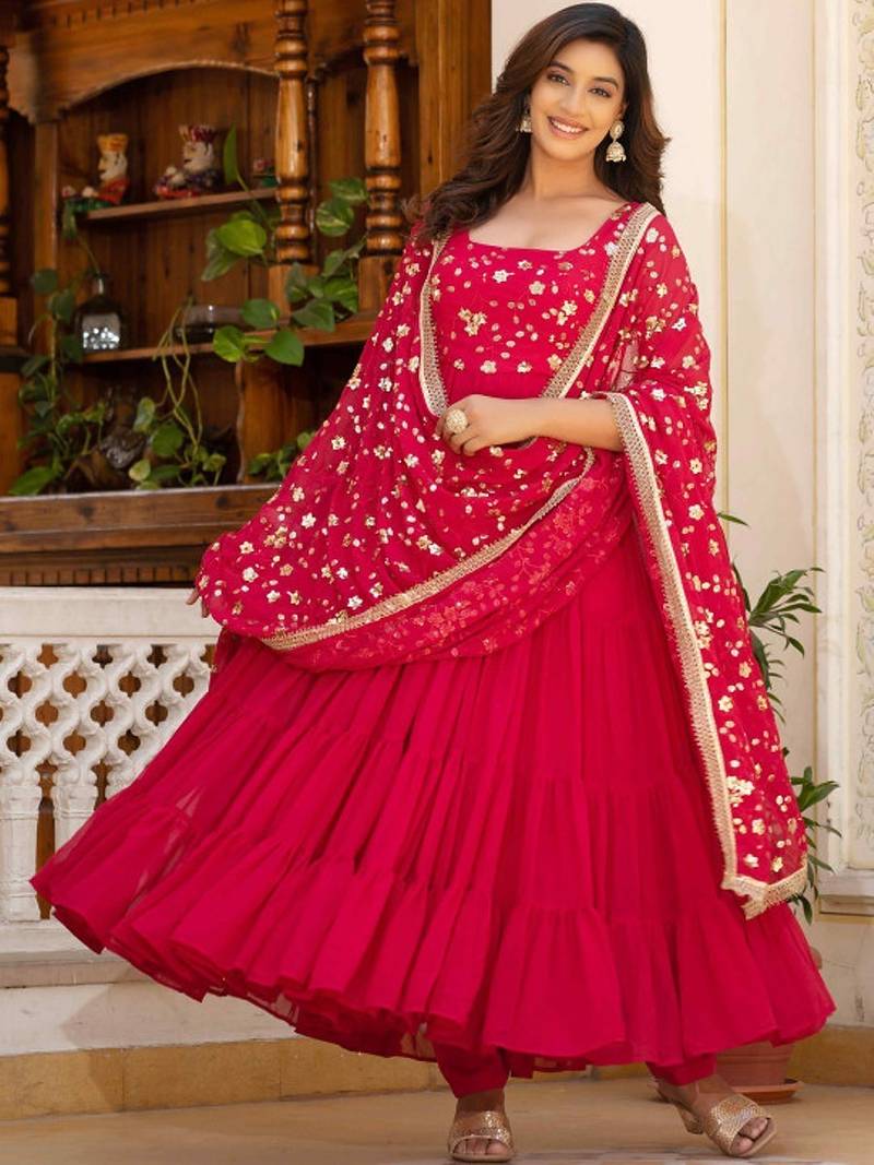 Red floral embroidered work georgette stitched anarkali kurta set with trouser & dupatta