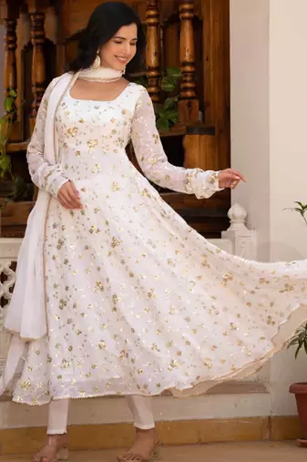 White embroidered zari work georgette stitched anarkali kurta set with trouser & dupatta