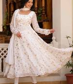 White embroidered zari work georgette stitched anarkali kurta set with trouser & dupatta