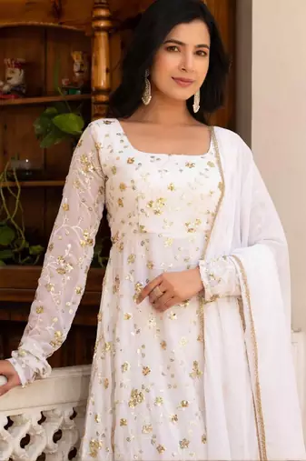 White embroidered zari work georgette stitched anarkali kurta set with trouser & dupatta