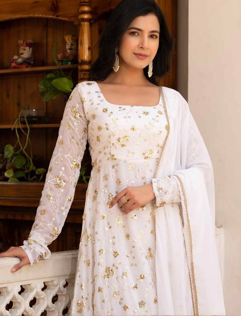 White embroidered zari work georgette stitched anarkali kurta set with trouser & dupatta