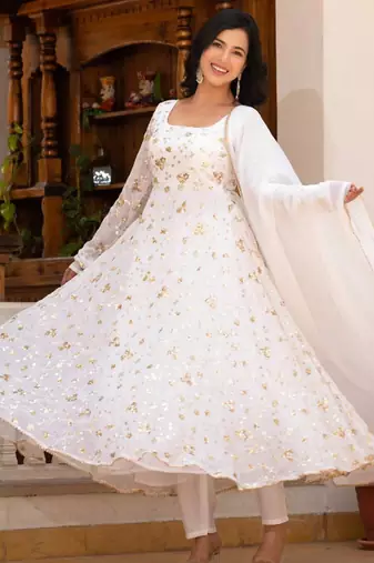 White embroidered zari work georgette stitched anarkali kurta set with trouser & dupatta