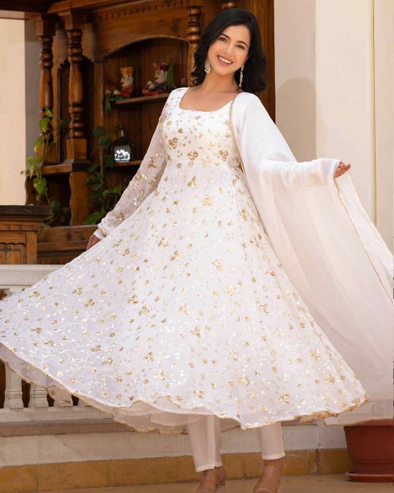 White embroidered zari work georgette stitched anarkali kurta set with trouser & dupatta