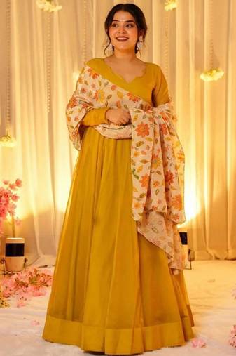 Yellow plain georgette stitched anarkali kurta set with dupatta