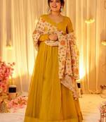 Yellow plain georgette stitched anarkali kurta set with dupatta