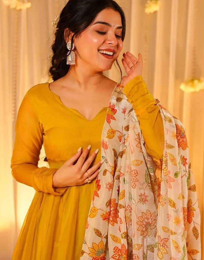 Yellow plain georgette stitched anarkali kurta set with dupatta