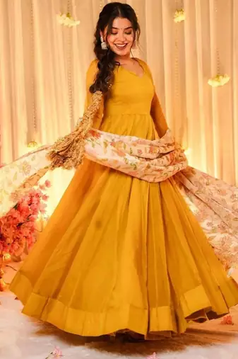 Yellow plain georgette stitched anarkali kurta set with dupatta