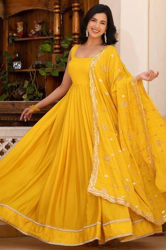 Yellow plain silk stitched anarkali kurta set with dupatta