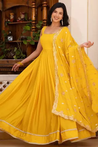 Yellow plain silk stitched anarkali kurta set with dupatta
