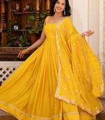 Yellow plain silk stitched anarkali kurta set with dupatta