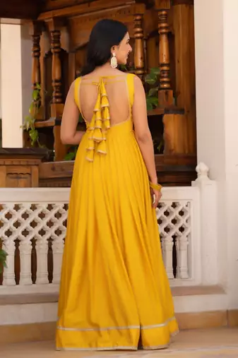 Yellow plain silk stitched anarkali kurta set with dupatta