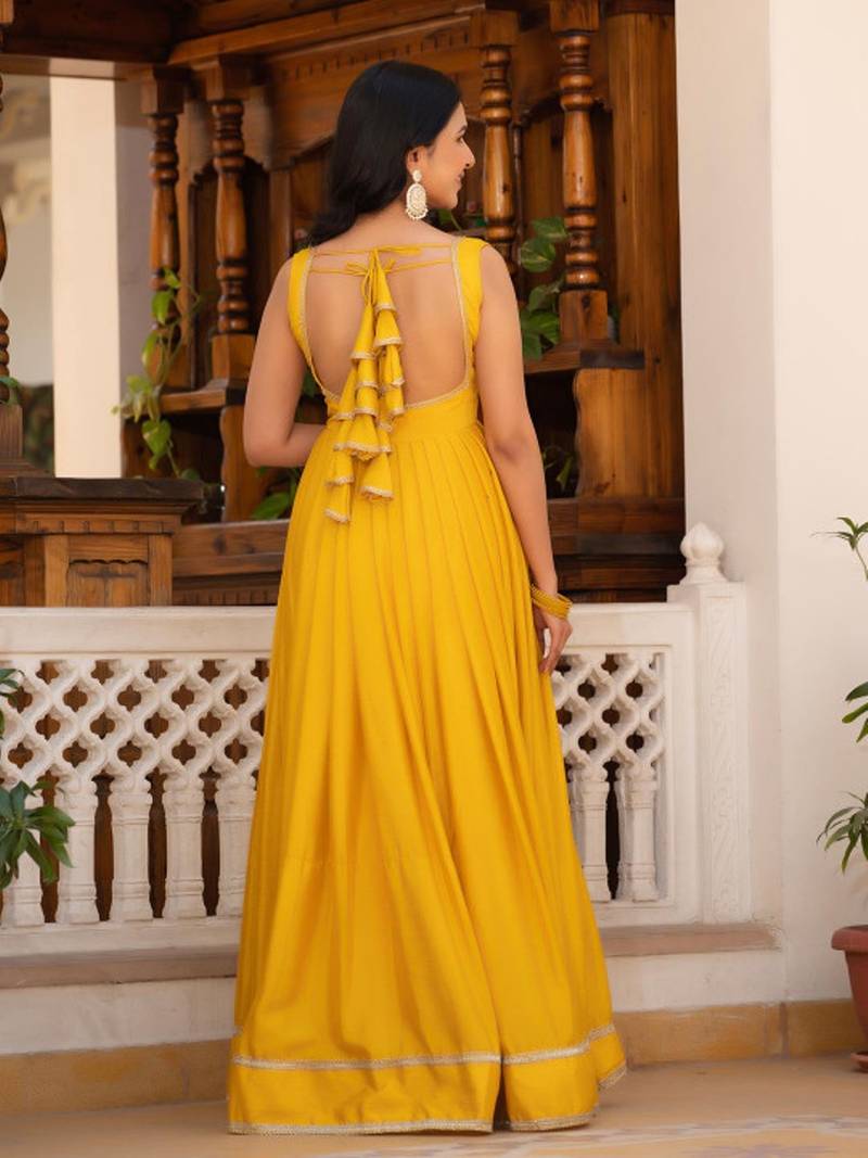 Yellow plain silk stitched anarkali kurta set with dupatta