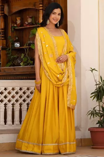 Yellow plain silk stitched anarkali kurta set with dupatta
