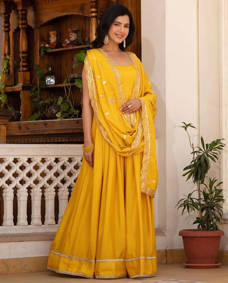Yellow plain silk stitched anarkali kurta set with dupatta