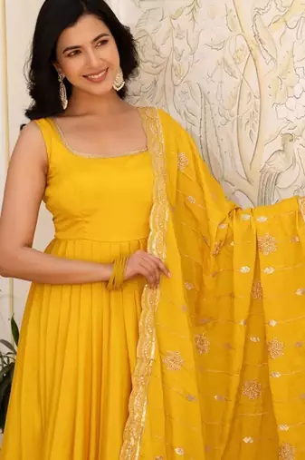 Yellow plain silk stitched anarkali kurta set with dupatta