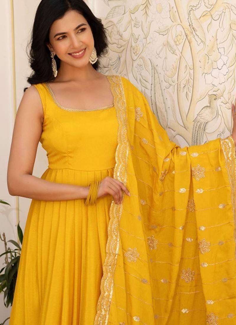 Yellow plain silk stitched anarkali kurta set with dupatta