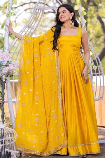 Yellow plain silk stitched anarkali kurta set with dupatta