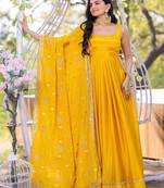 Yellow plain silk stitched anarkali kurta set with dupatta